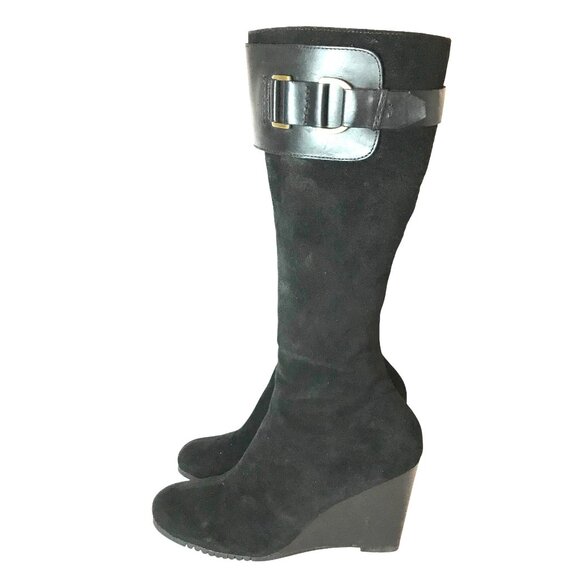 AEROSOLES Wedge Knee HIgh Black Suede Boots Womens 9.5 - Picture 3 of 12